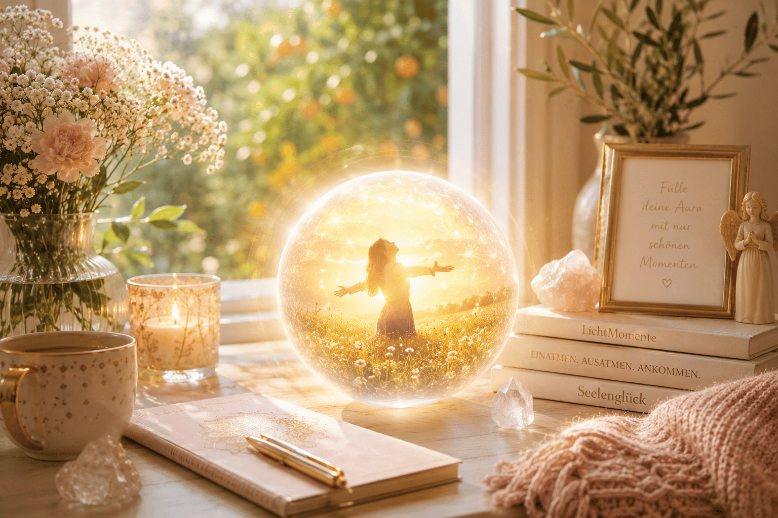 Ein Moment voller Freude Leuchtende weiße Lichtkugel voller Freude auf einem hellen Schreibtisch mit Blumen, Kerze und Tasse – Symbol für eine Aura-Meditation und positive Energie.