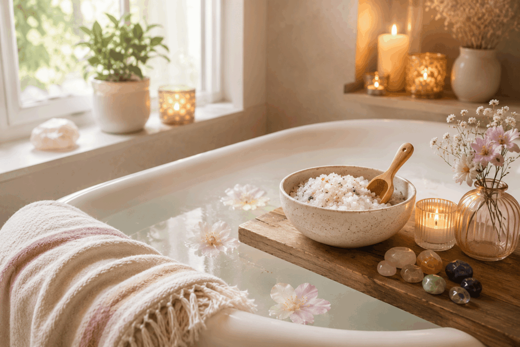 Basenbad mit Kerzenlicht, basischem Badesalz, Edelsteinen und einer warmen Wohlfühlatmosphäre im Badezimmer.