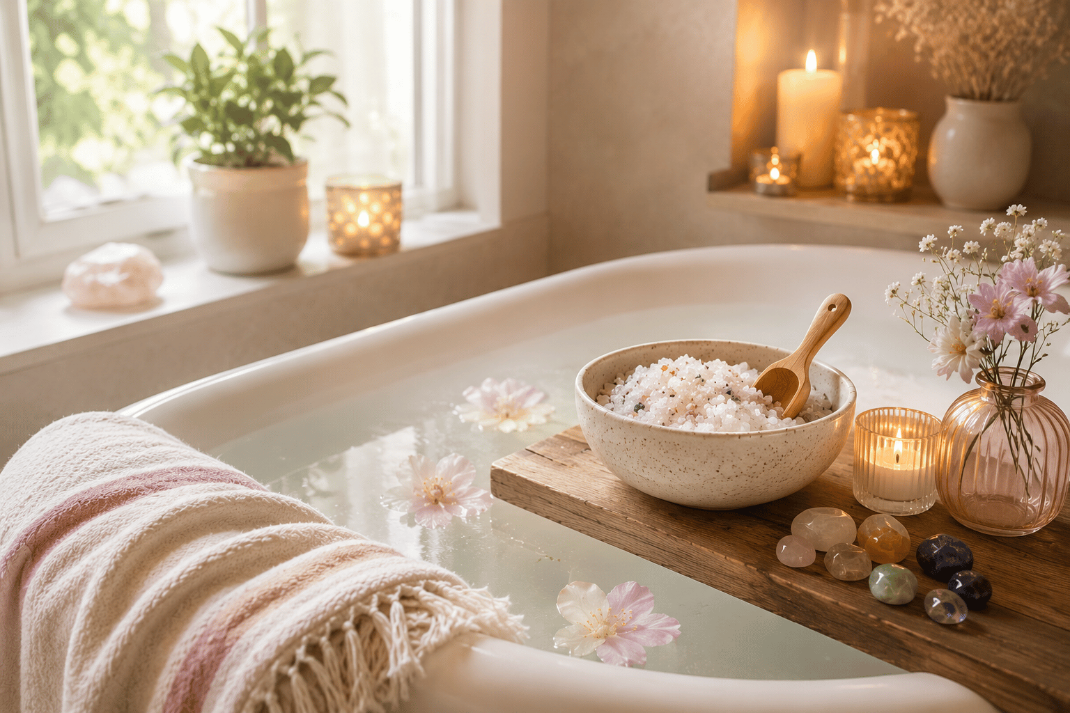 Basenbad mit Kerzenlicht, basischem Badesalz, Edelsteinen und einer warmen Wohlfühlatmosphäre im Badezimmer.