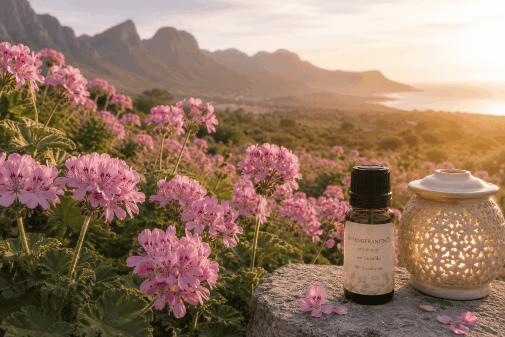 Blick von der Veranda einer Lodge über blühende Rosengeranienfelder in Südafrika im goldenen Morgenlicht – eine ruhige Duftreise voller Weite und Leichtigkeit.