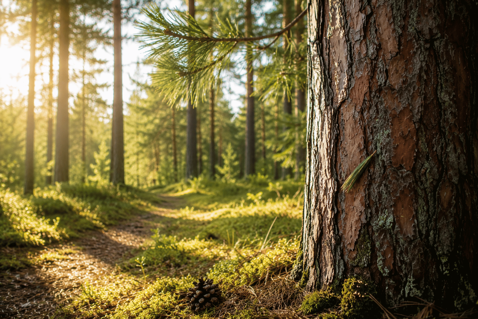 Das Geschenk der Kiefer Eine alte Kiefer in einem sonnendurchfluteten Wald mit warmem Licht und würzigem Harzduft
