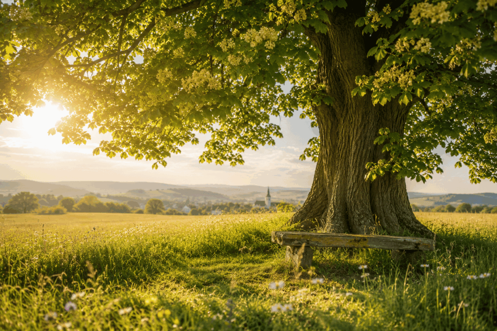 Eine große Linde auf einer blühenden Sommerwiese mit weitem Blick über die Landschaft