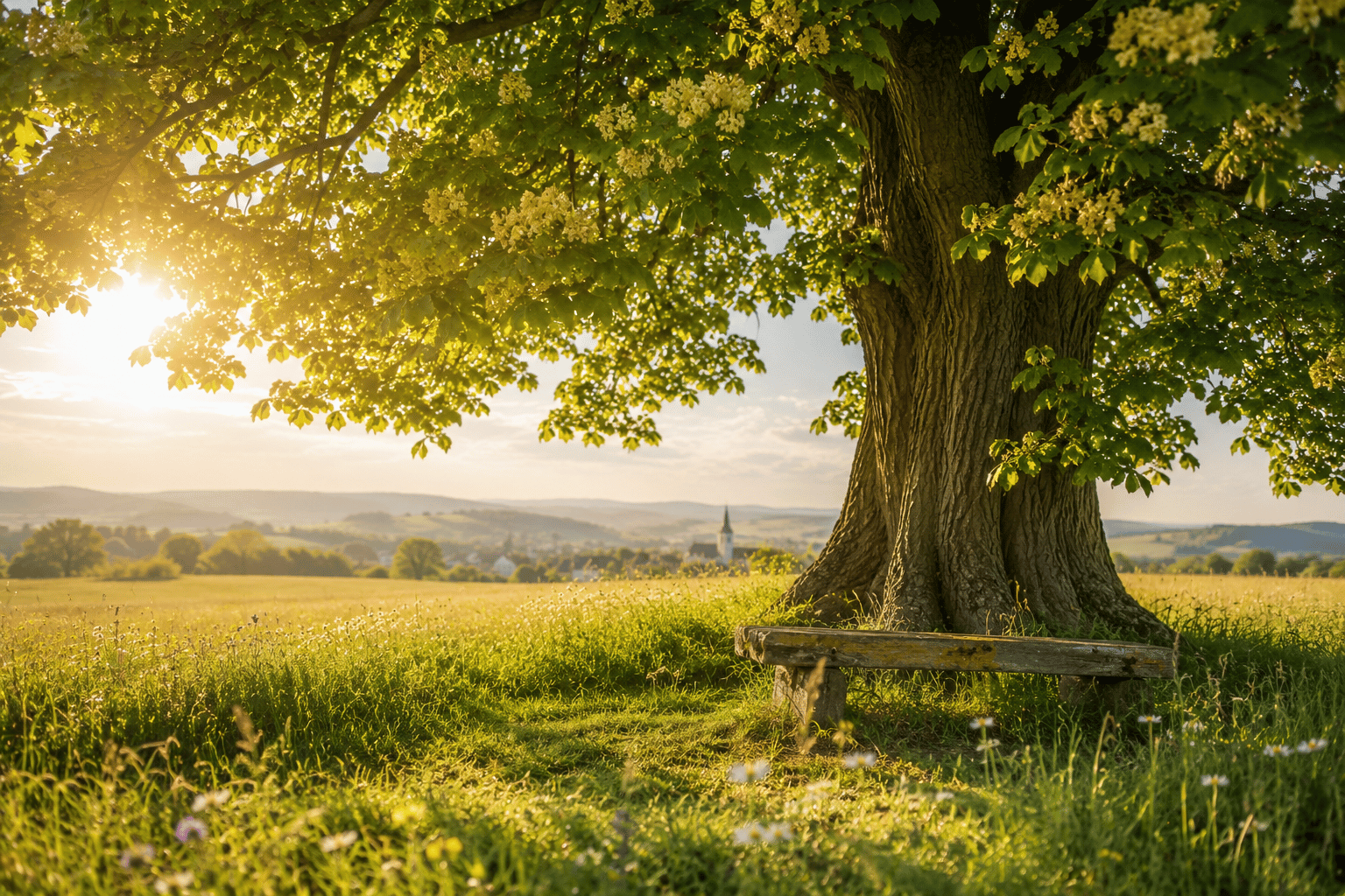 Eine große Linde auf einer blühenden Sommerwiese mit weitem Blick über die Landschaft