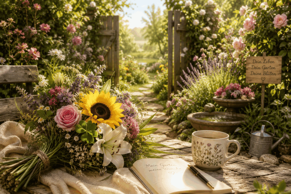 Ein blühender Garten mit Rosen, Sonnenblume, Lilie und Kleeblatt. Ein liebevoll gebundener Blumenstrauß liegt auf einem Holztisch und symbolisiert Freude, Liebe, Glück und Fülle.