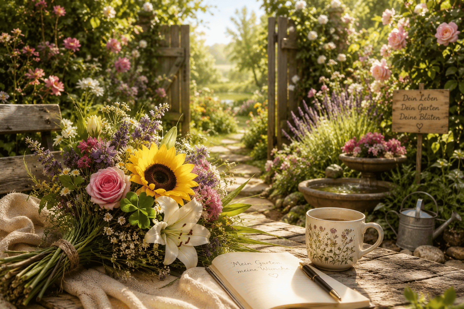 Der Garten Deines Lebens Ein blühender Garten mit Rosen, Sonnenblume, Lilie und Kleeblatt. Ein liebevoll gebundener Blumenstrauß liegt auf einem Holztisch und symbolisiert Freude, Liebe, Glück und Fülle.