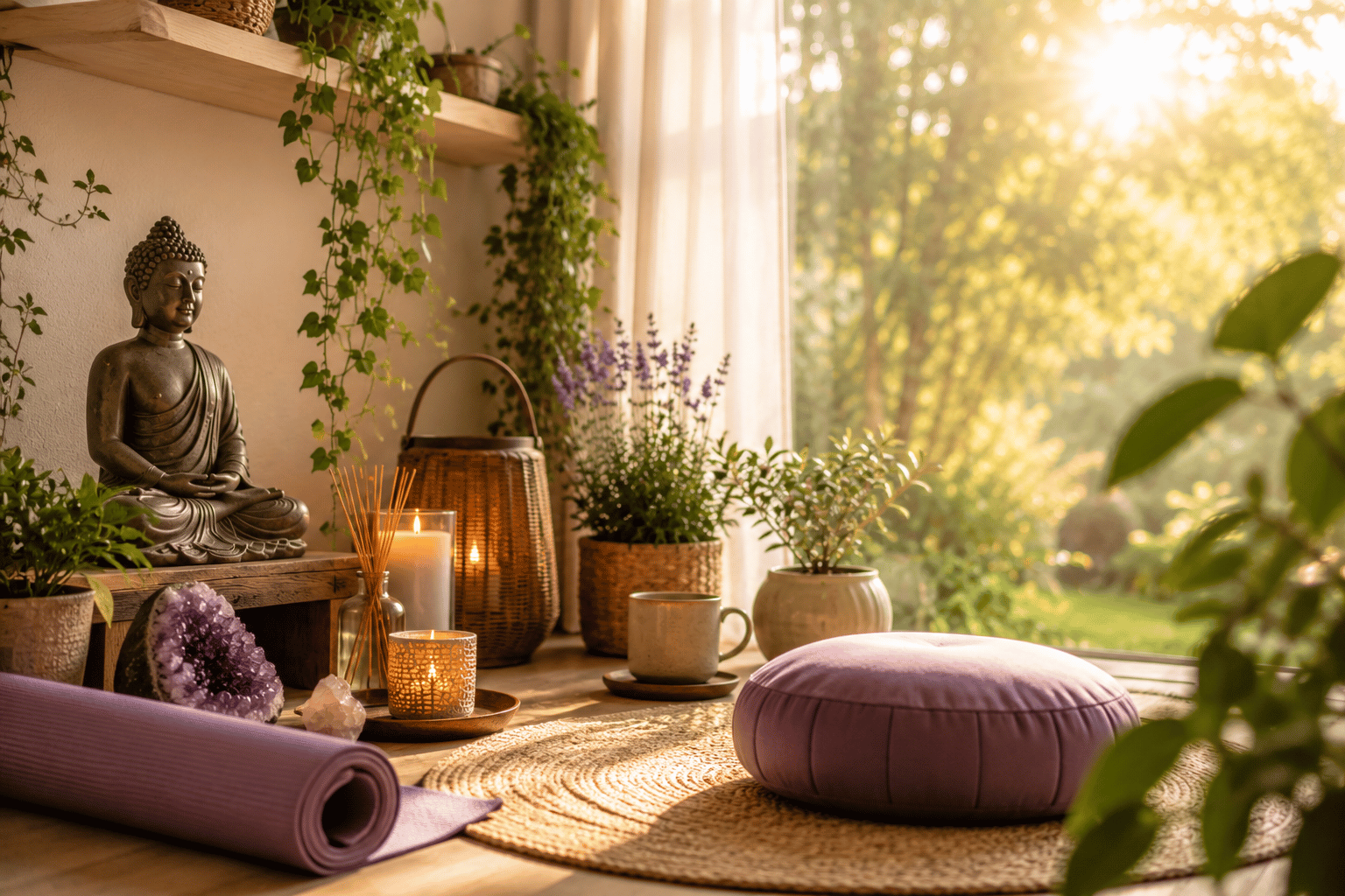 Ein Raum für mich Gemütlicher Rückzugsraum mit Buddha, Yogamatte, Amethyst und Blick in einen sonnigen Garten.