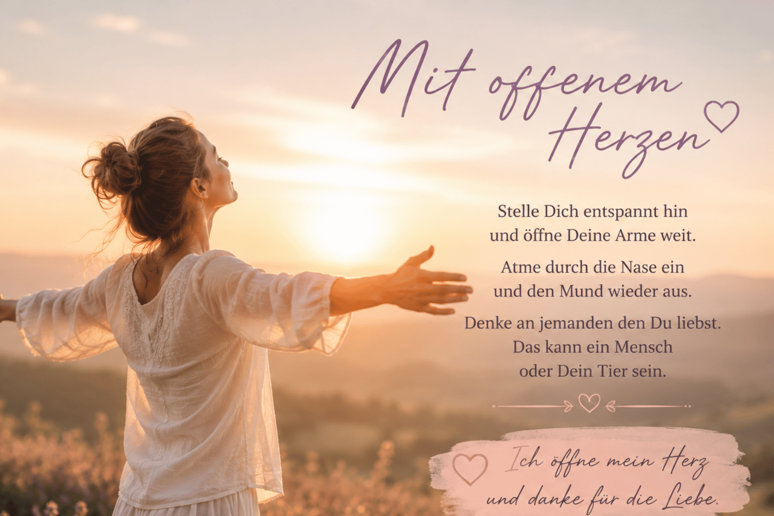 eine frau steht mit geöffneten armen in der natur und verbindet sich bewusst mit ihrem herzen. (2)