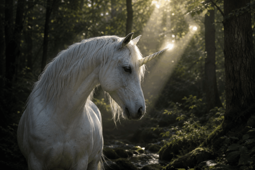 einhorn im mystischen morgenwald