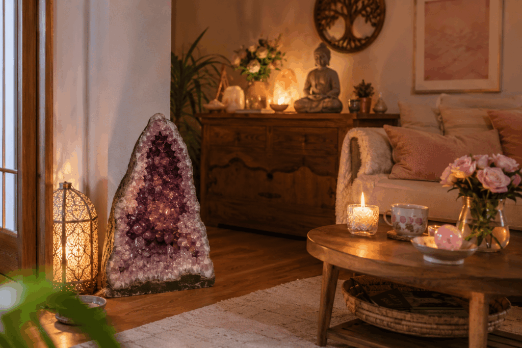 gemütliche meditationsecke mit amethyst