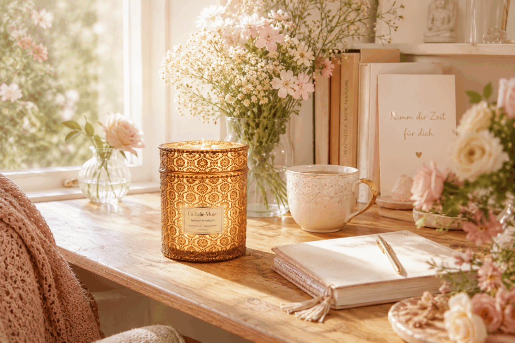 Wunderschöne Duftkerze im kunstvollen Glas auf einem hellen Schreibtisch mit Blumen, Tasse und Notizbuch – ein gemütlicher Wohlfühlplatz für ruhige Momente.