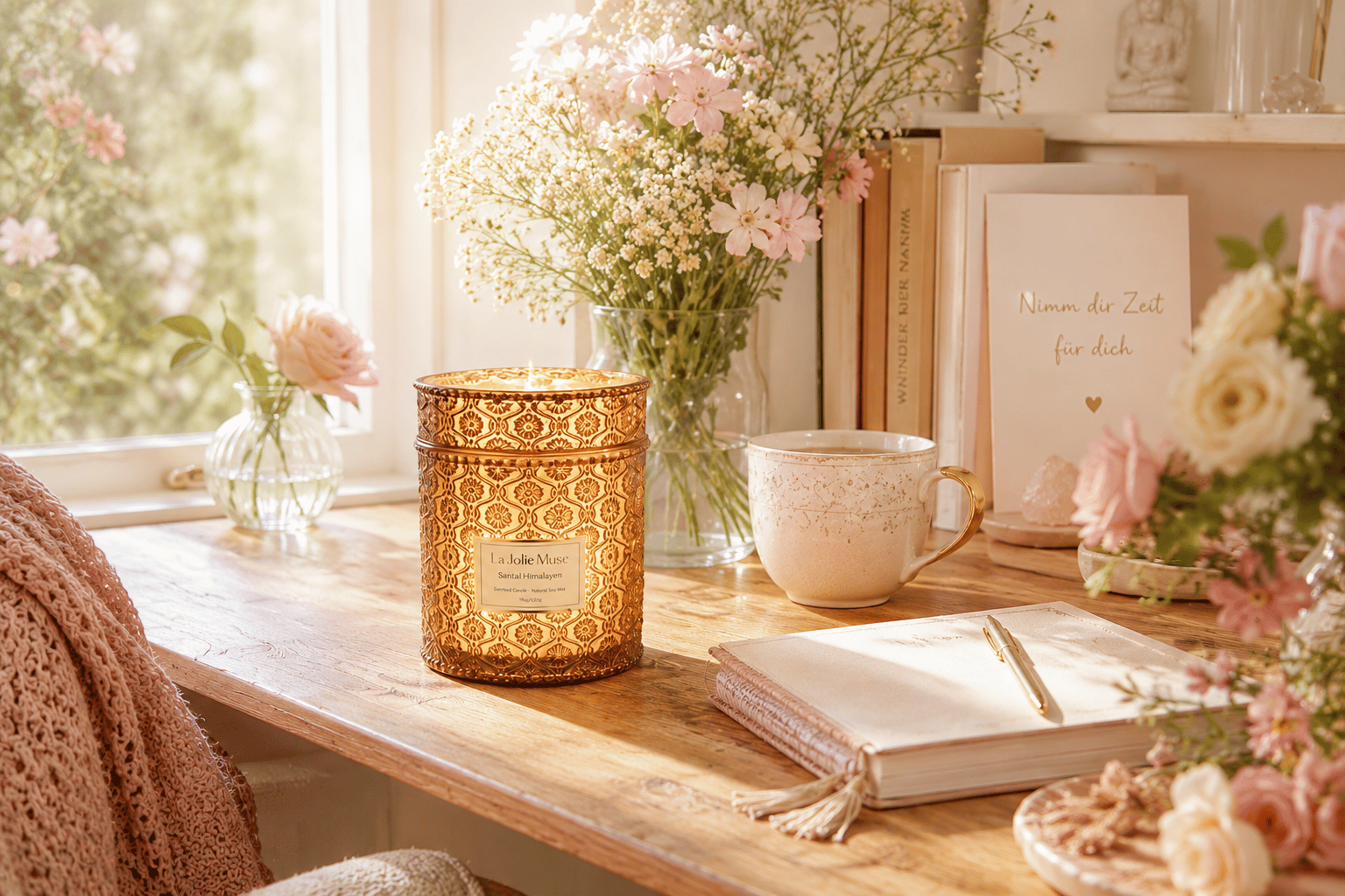 Ein kleines Licht Wunderschöne Duftkerze im kunstvollen Glas auf einem hellen Schreibtisch mit Blumen, Tasse und Notizbuch – ein gemütlicher Wohlfühlplatz für ruhige Momente.
