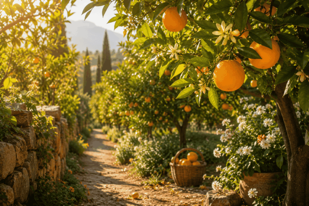 Ein sonniger Orangenhain mit reifen Orangen, warmem Licht und einem schmalen Weg zwischen den Bäumen.