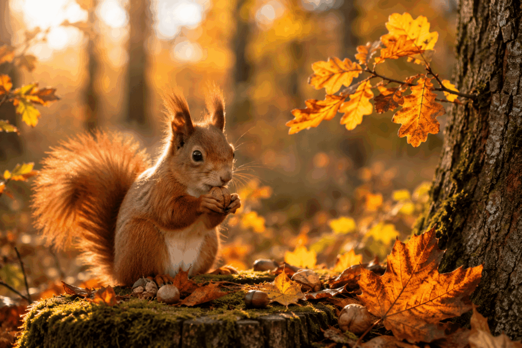 Ein Eichhörnchen sitzt mit einer Nuss in einem goldenen Herbstwald und erinnert an Vertrauen, Gelassenheit und die Schönheit des Augenblicks.