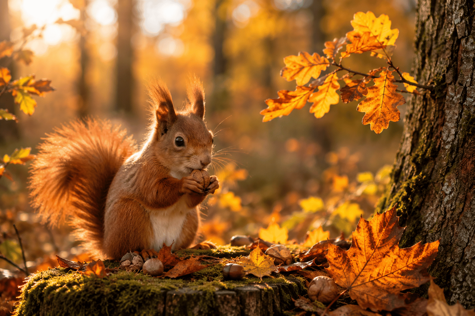 Nicht jede Nuss muss heute gefunden werden Ein Eichhörnchen sitzt mit einer Nuss in einem goldenen Herbstwald und erinnert an Vertrauen, Gelassenheit und die Schönheit des Augenblicks.