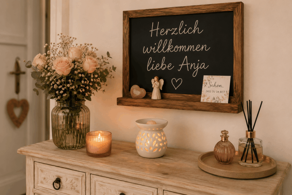 Eingangsbereich mit Blumen, Kerze, Duftstövchen und Willkommenstafel