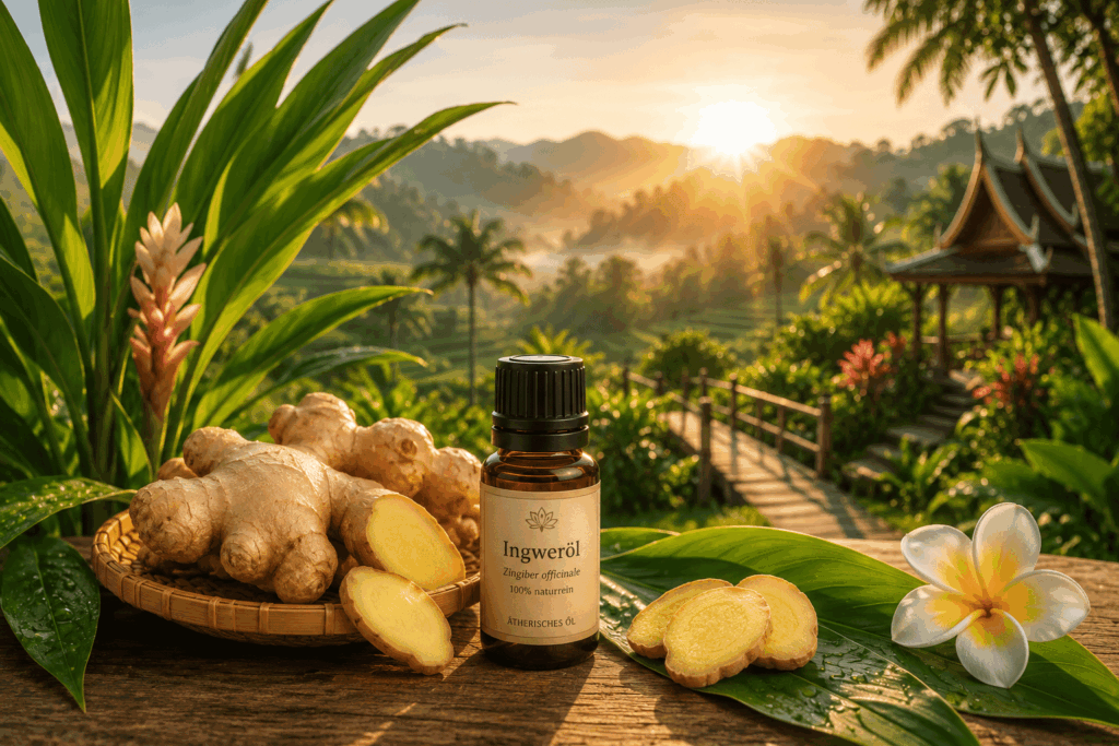 Frische Ingwerwurzeln in einer tropischen Landschaft im Norden Thailands bei Sonnenaufgang – stimmungsvolles Beitragsbild zur Duftreise über Ingweröl.