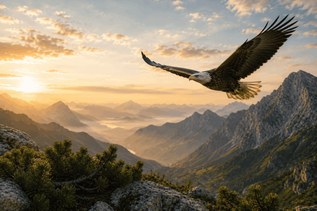 Ein majestätischer Adler zieht seine Kreise über den Bergen im goldenen Morgenlicht und begleitet eine Krafttierreise voller Weitblick, Klarheit und Freiheit.