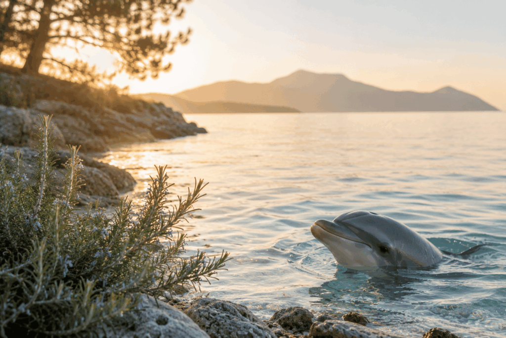 Ein Delfin taucht in einer ruhigen Meeresbucht im goldenen Morgenlicht auf und lädt zu einer Krafttierreise voller Leichtigkeit, Vertrauen und Intuition ein.