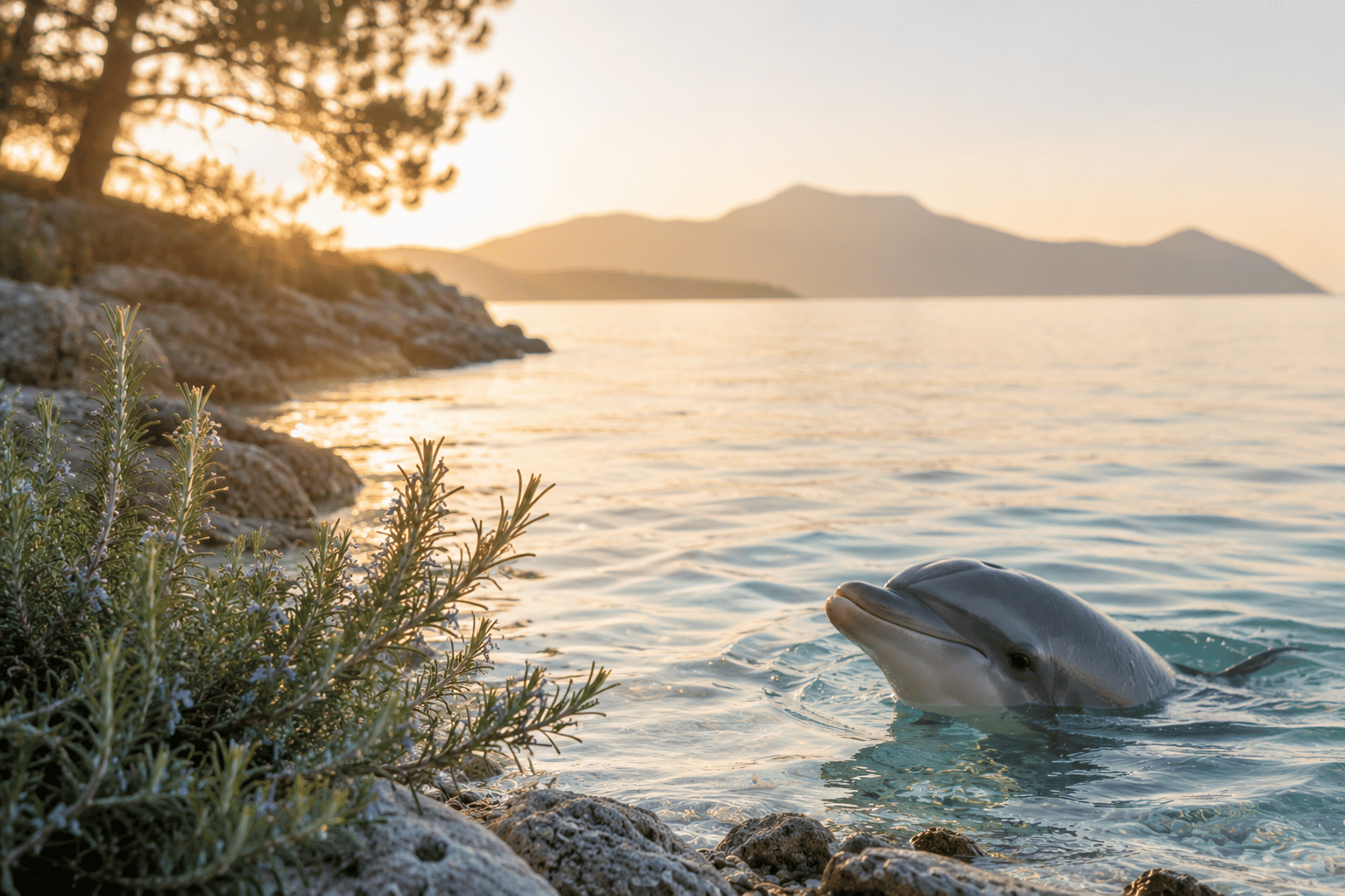 Ein Delfin taucht in einer ruhigen Meeresbucht im goldenen Morgenlicht auf und lädt zu einer Krafttierreise voller Leichtigkeit, Vertrauen und Intuition ein.