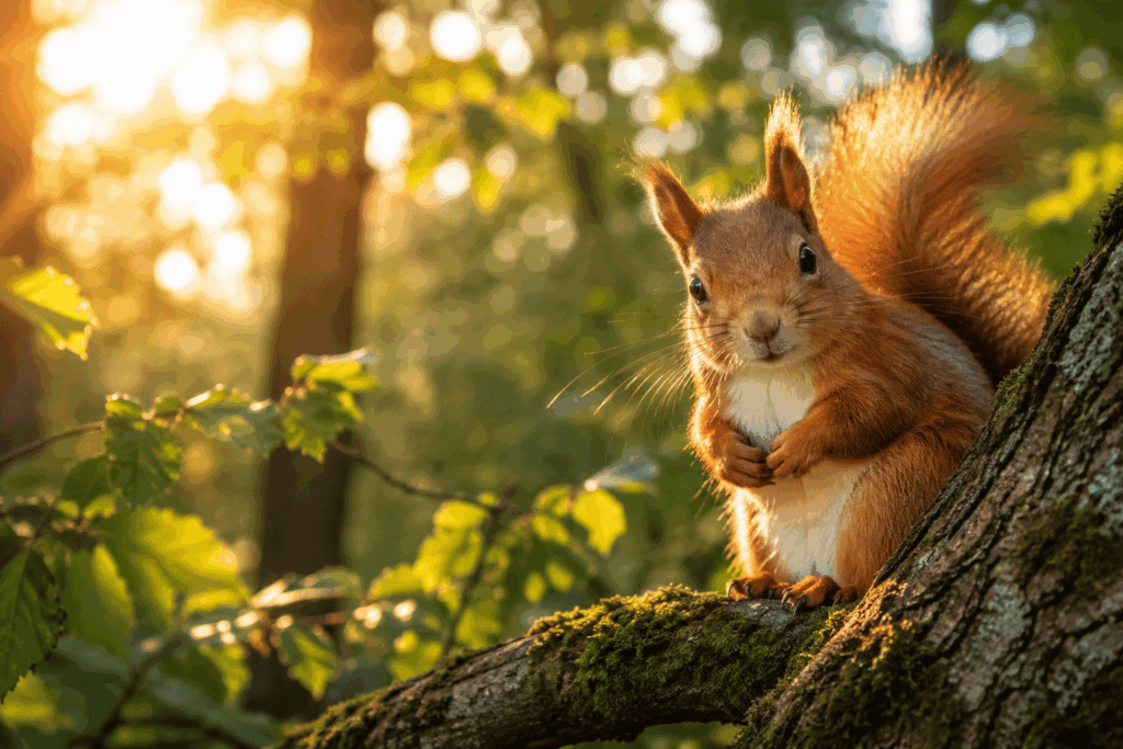 Ein neugieriges Eichhörnchen sitzt im warmen Morgenlicht auf einem Baum im Wald und lädt zu einer Krafttierreise voller Lebensfreude, Leichtigkeit und Mut ein.