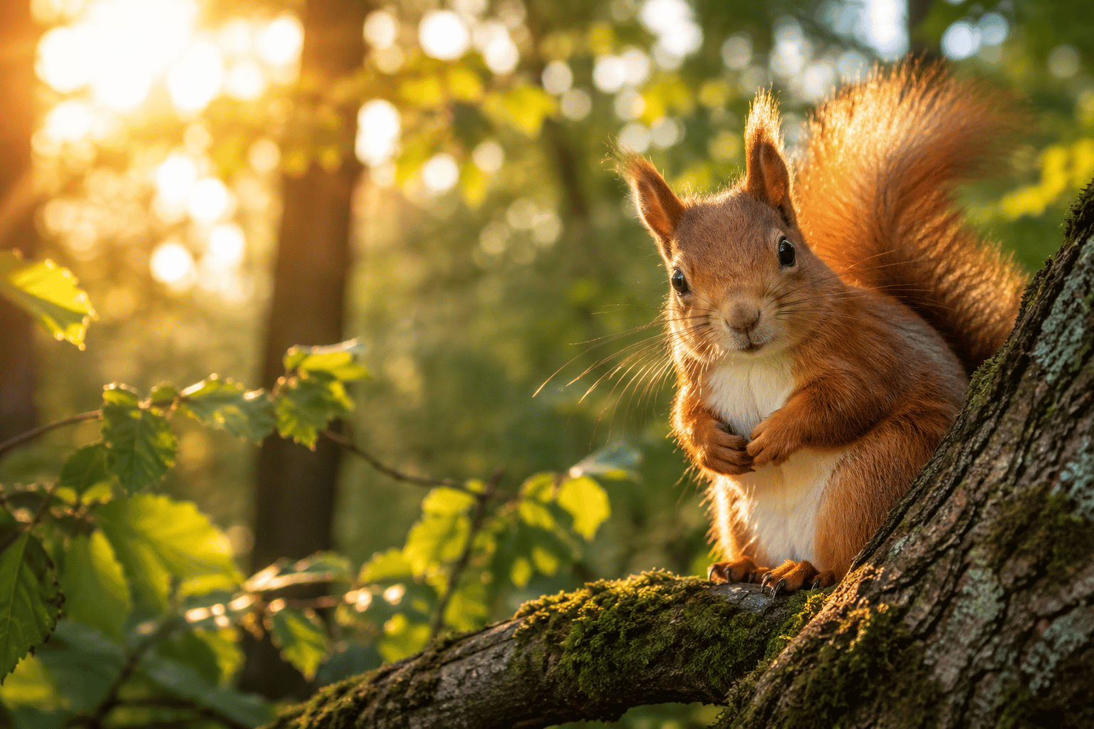 Ein neugieriges Eichhörnchen sitzt im warmen Morgenlicht auf einem Baum im Wald und lädt zu einer Krafttierreise voller Lebensfreude, Leichtigkeit und Mut ein.