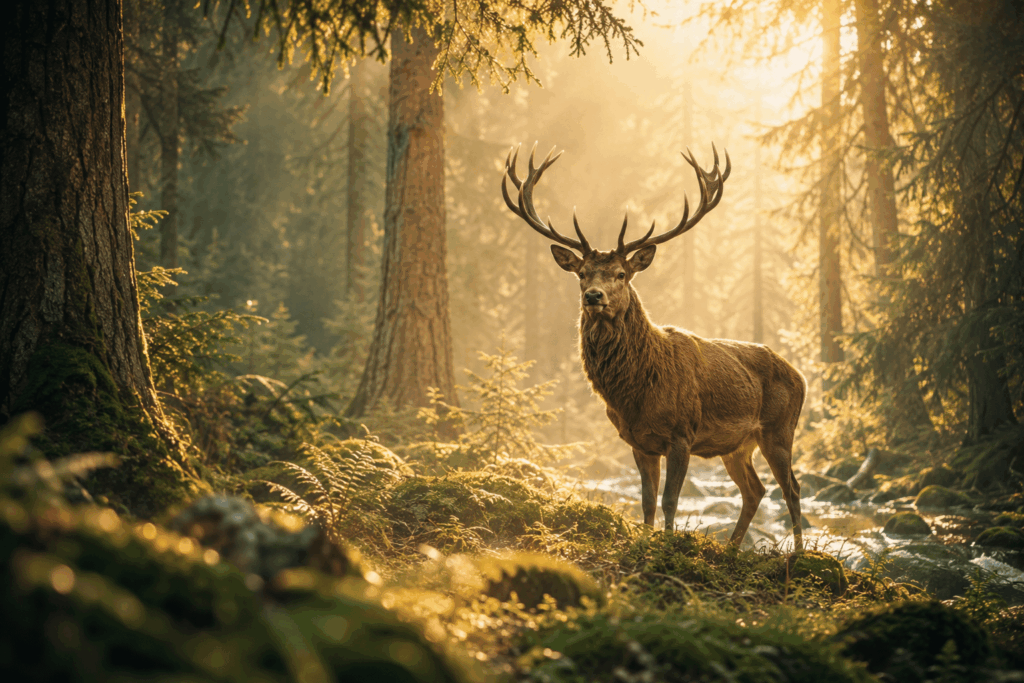 Majestätischer Hirsch in einem sonnendurchfluteten Wald – Krafttierreise für innere Stärke, Gelassenheit und Intuition.