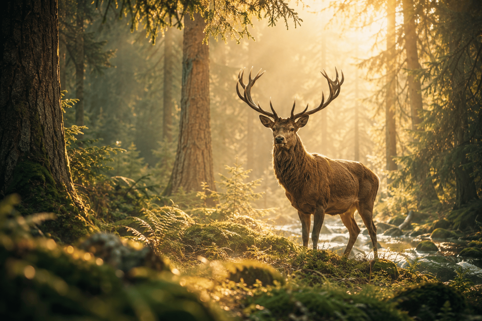 Wenn Dir der Hirsch begegnet Majestätischer Hirsch in einem sonnendurchfluteten Wald – Krafttierreise für innere Stärke, Gelassenheit und Intuition.