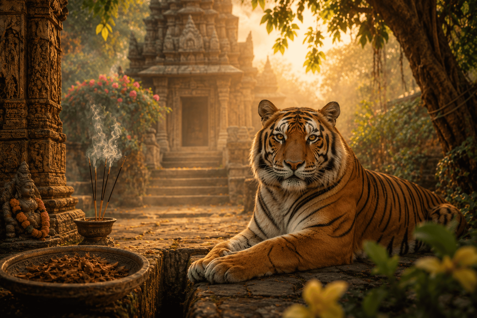 Wenn Dir der Tiger begegnet Ein majestätischer Tiger ruht vor einem alten Tempel in Indien und begleitet eine Krafttierreise voller innerer Stärke, Klarheit und Mut.
