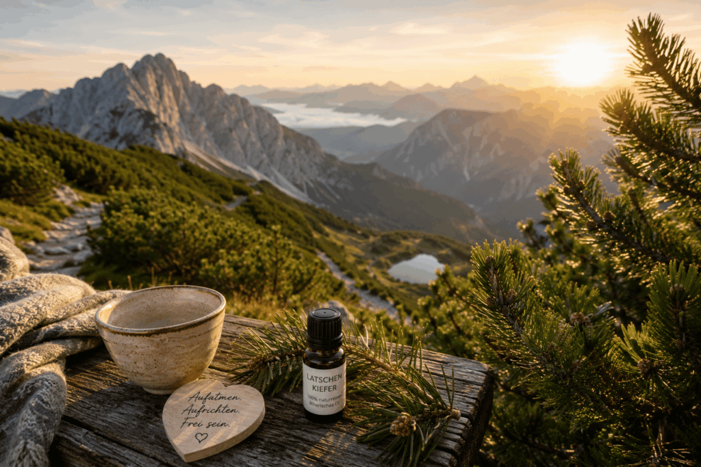 Holzbank in den österreichischen Alpen mit Blick auf Latschenkiefern, Berggipfel und einen kleinen Bergsee im goldenen Morgenlicht. Eine Tasse Tee und Latschenkieferöl laden zu einer Duftreise ein.