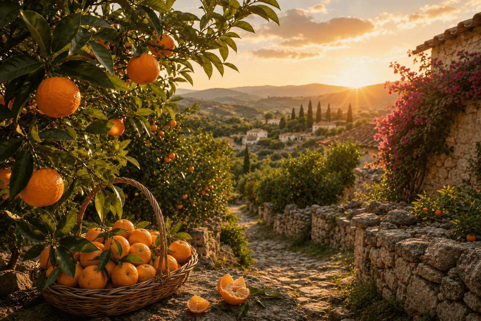 Mandarine – Ein Spaziergang durch die goldenen Haine Spaniens Goldener Mandarinenhain in Spanien mit reifen Mandarinen im warmen Abendlicht.