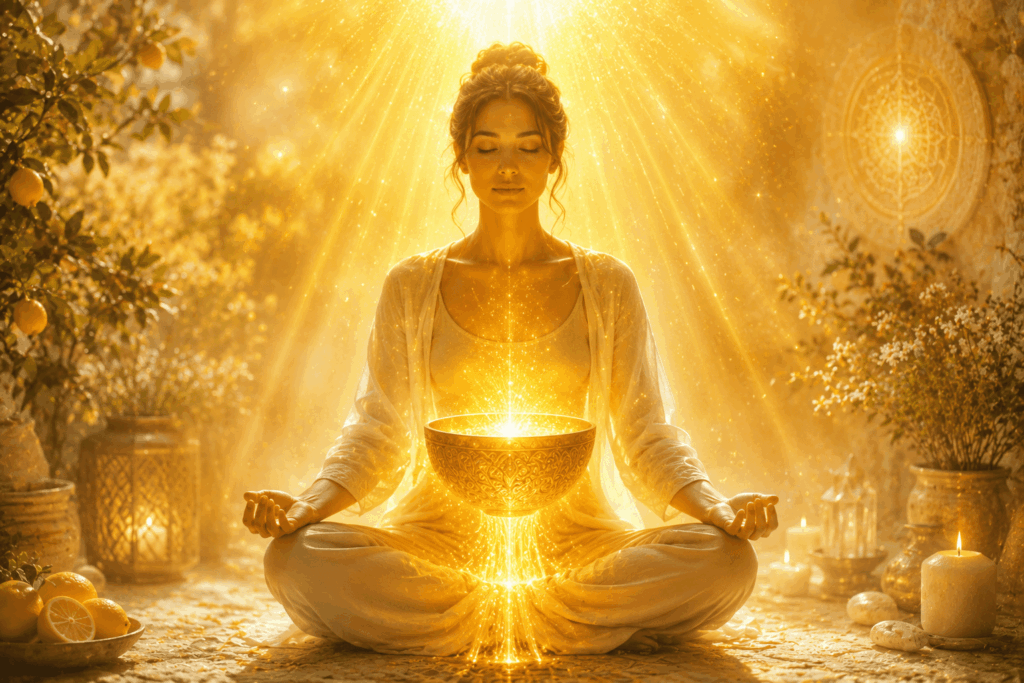 Meditierende Frau mit einem leuchtenden goldenen Gefäß vor dem Solarplexus, das sich mit warmem Licht füllt.