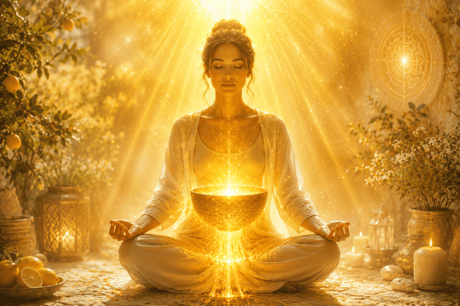 Die innere Sonne stärken Meditierende Frau mit einem leuchtenden goldenen Gefäß vor dem Solarplexus, das sich mit warmem Licht füllt.