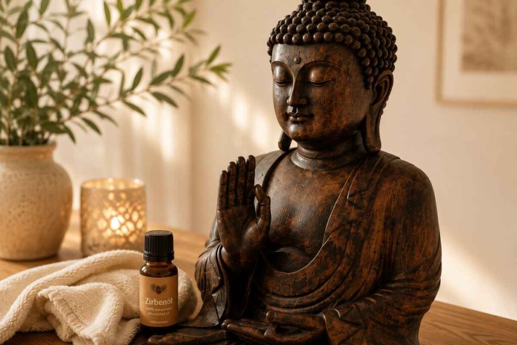 meditative buddha mit zirbenöl und kerze