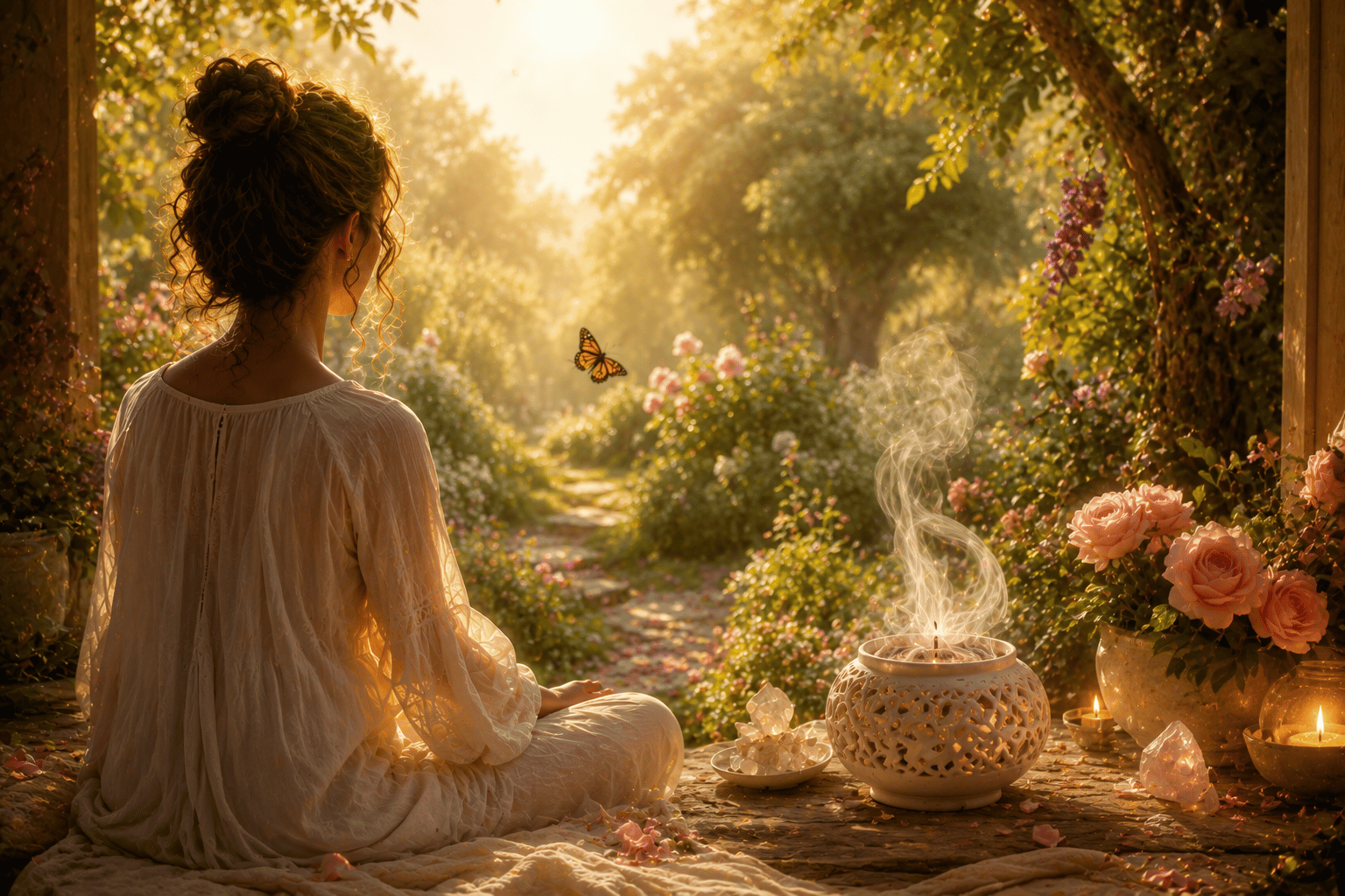 Deiner inneren Stimme begegnen meditativer garten bei goldenem licht (1)