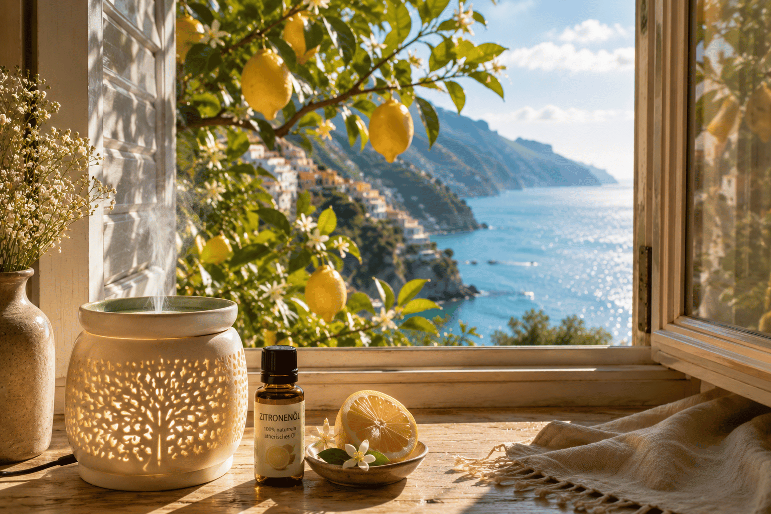 Ein Morgen an der Amalfiküste mediterraner küstenblick mit zitronenbaum (1)