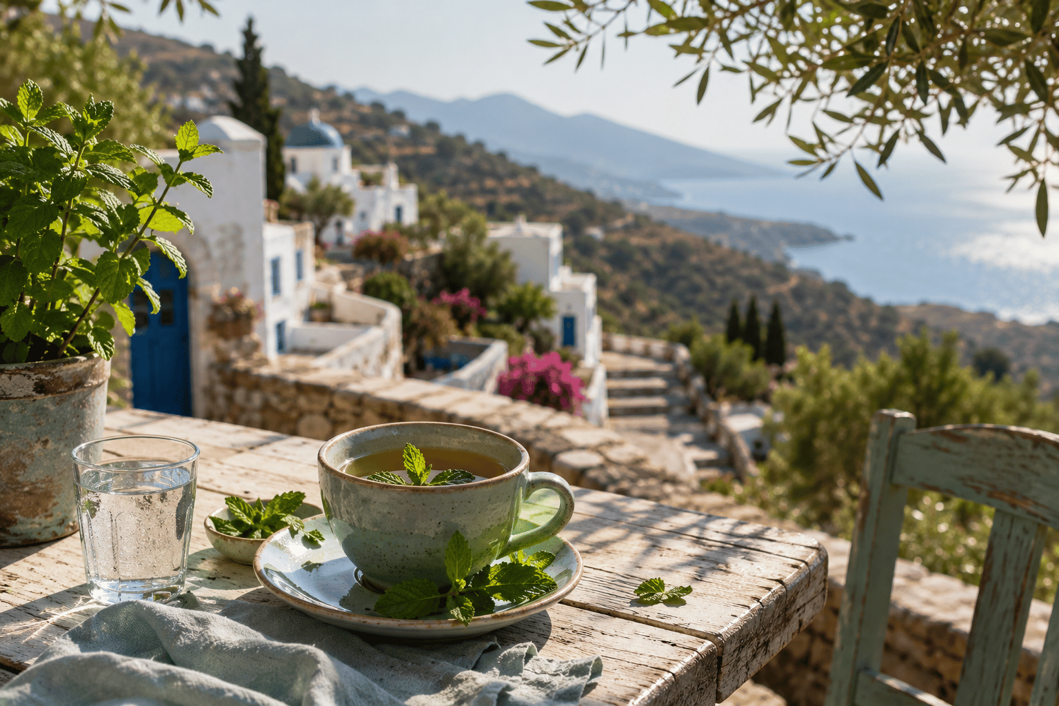 Pfefferminze – Ein Atemzug Griechenland Mediterrane Terrasse in Griechenland mit einer Tasse frischem Pfefferminztee, Blick auf das Meer, weiße Häuser und Olivenbäume im warmen Morgenlicht.