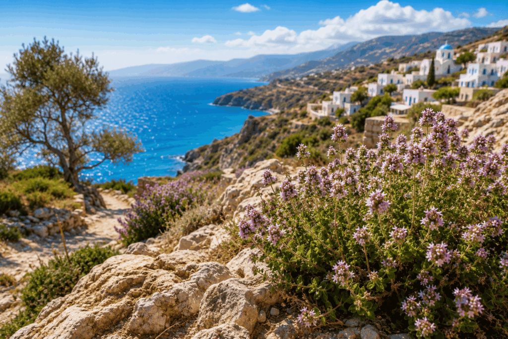 Wilder Oregano zwischen sonnenwarmen Felsen auf Kreta mit Blick auf das tiefblaue Mittelmeer.