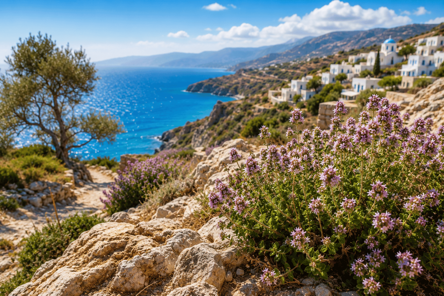 Wilder Oregano zwischen sonnenwarmen Felsen auf Kreta mit Blick auf das tiefblaue Mittelmeer.
