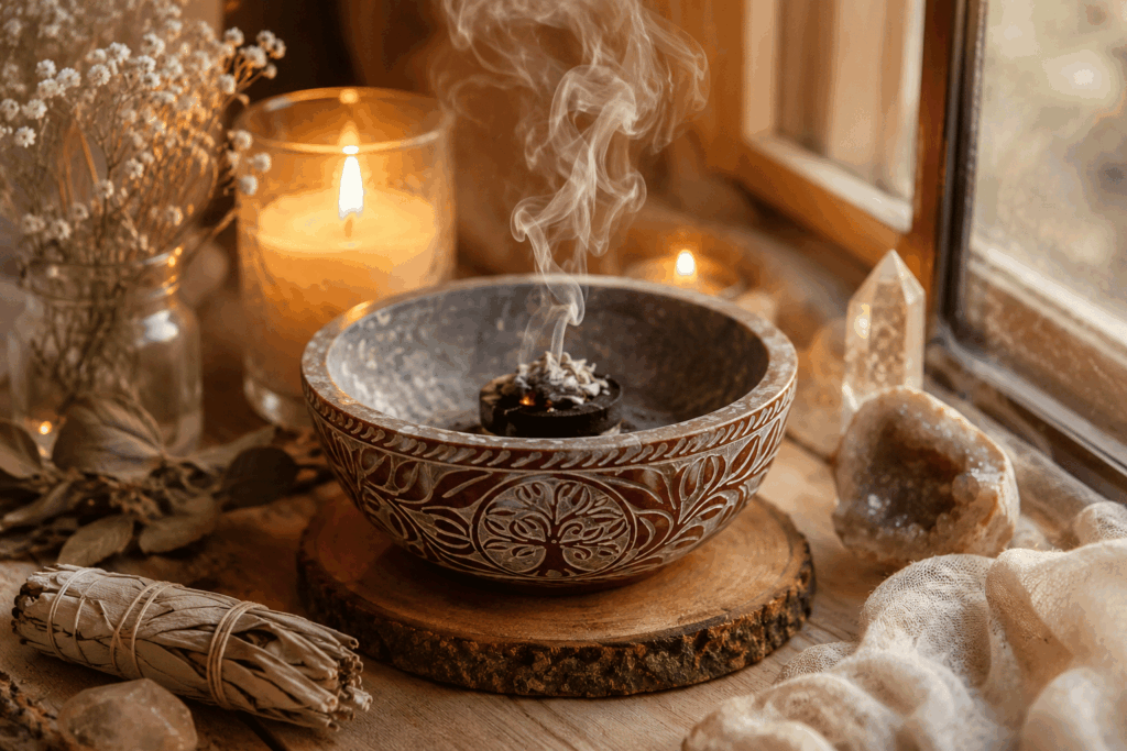 White Sage wird in einer Räucherschale verräuchert. Feiner Rauch steigt auf und erfüllt den Raum mit einer ruhigen Atmosphäre.