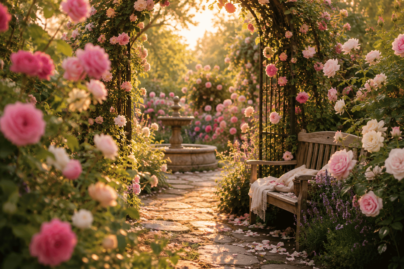 Ein Spaziergang durch den Rosengarten romantischer rosengarten bei goldstunden