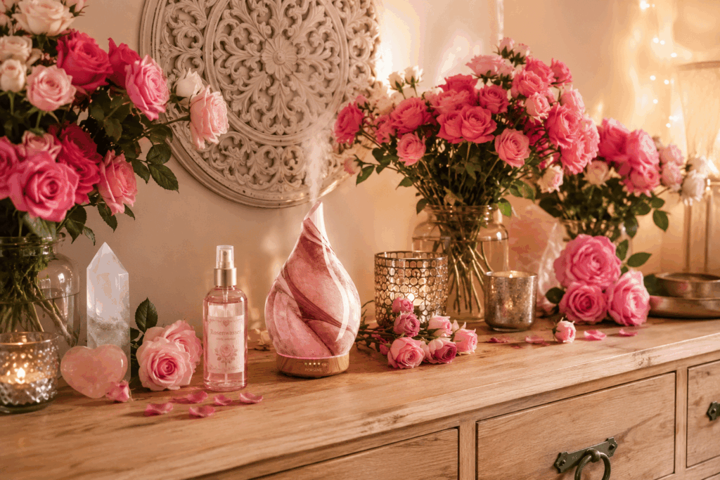 romantisches stillleben mit rosen und lichtern