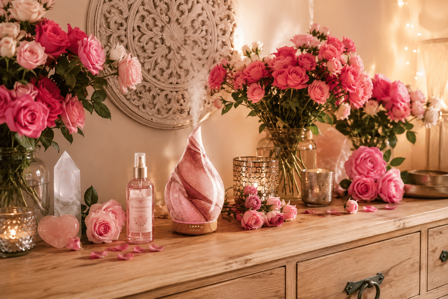 Wenn der Raum nach Rosen duftet romantisches stillleben mit rosen und lichtern