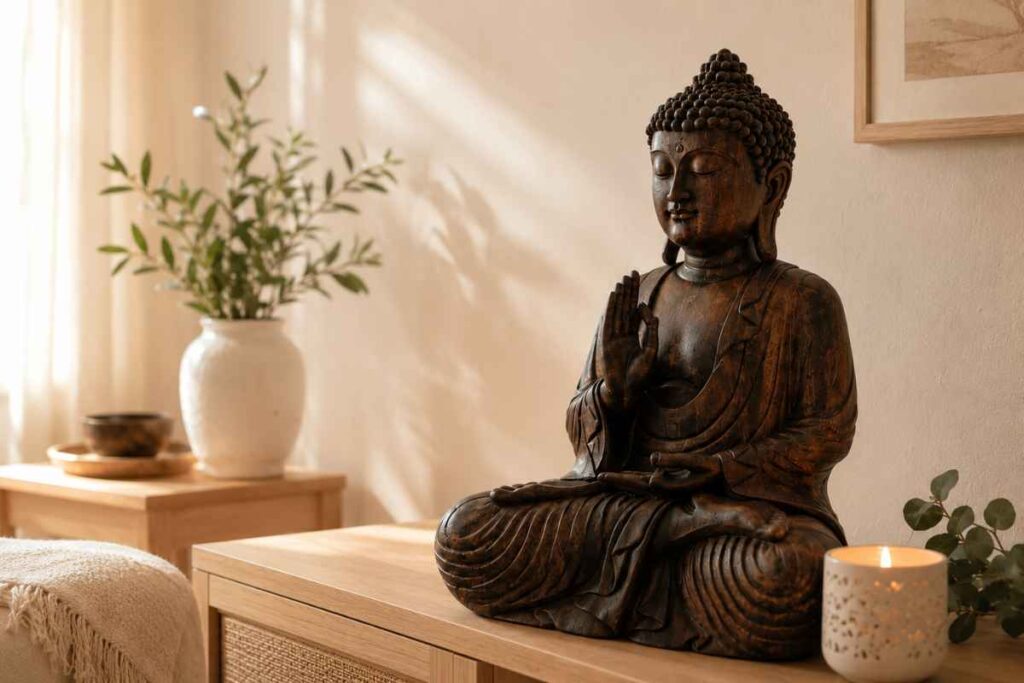 ruhige buddha atmosphäre bei kerzenschein