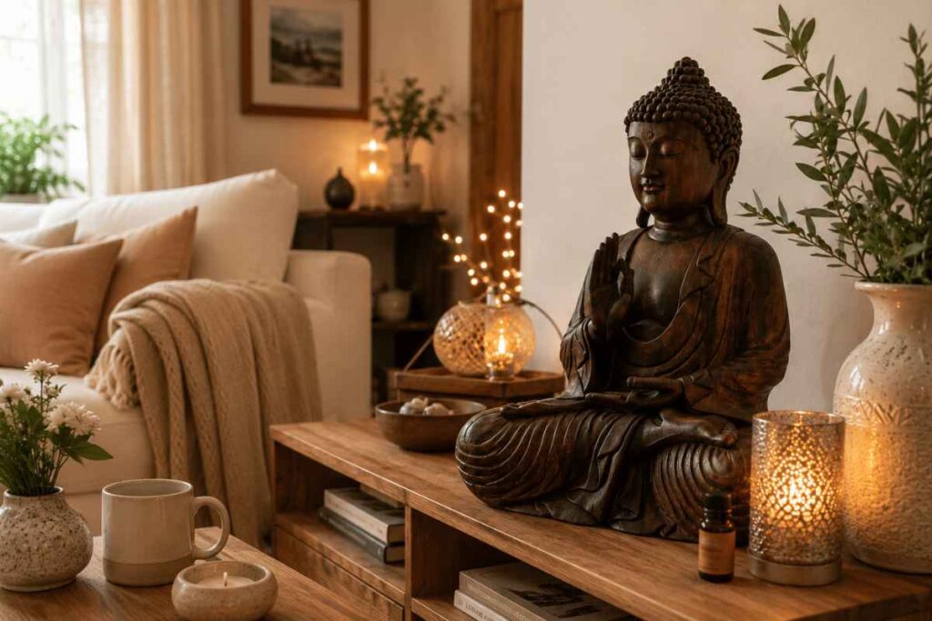 ruhige buddha oase im warmen wohnzimmer