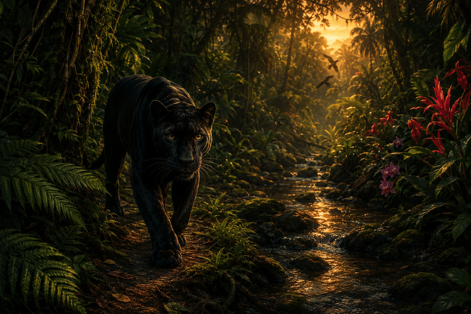 Wenn Dir der Panther begegnet Schwarzer Panther im tropischen Regenwald bei Abenddämmerung als Symbol für Instinkt, Vertrauen und innere Stärke.