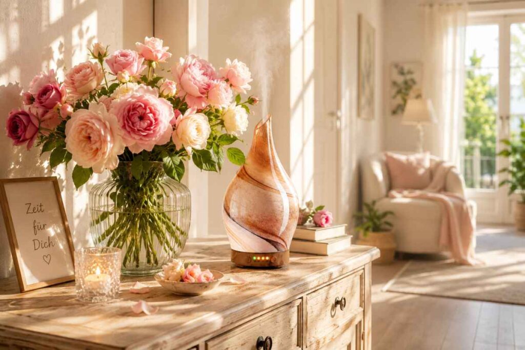 sideboard mit romantischem diffuser mit rosen und kerzenlicht