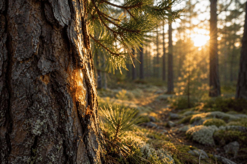 Eine alte Kiefer mit goldenem Harz im warmen Morgenlicht eines stillen Kiefernwaldes.