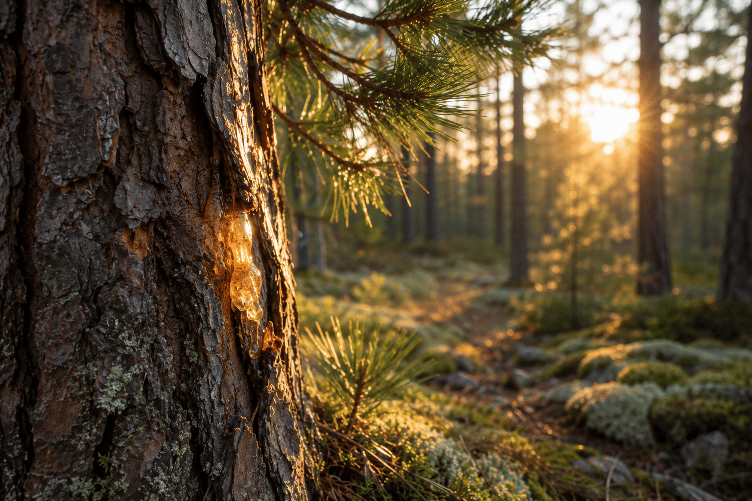 Wo der Wald nach Harz duftet Eine alte Kiefer mit goldenem Harz im warmen Morgenlicht eines stillen Kiefernwaldes.