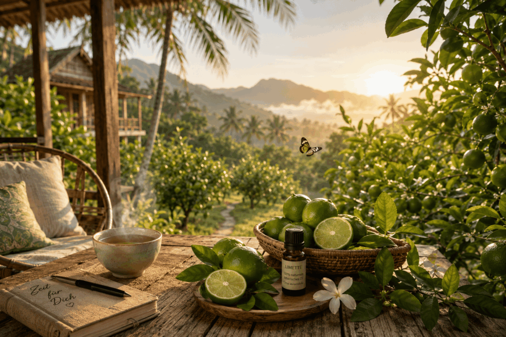 Veranda eines Holzhauses in Malaysia mit Blick über Limettenbäume im goldenen Morgenlicht. Eine Tasse Tee und frische Limetten laden zu einer tropischen Duftreise voller Leichtigkeit ein.