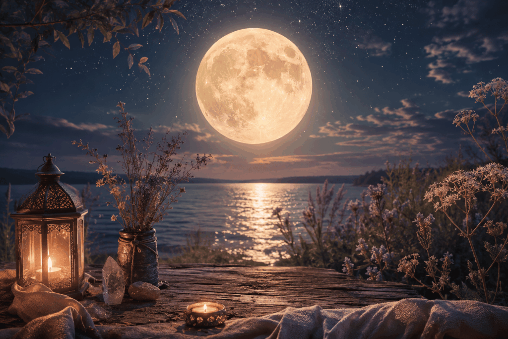Leuchtender Vollmond über einem stillen See mit Kerzenlicht – stimmungsvolle Atmosphäre für eine Gedankenreise zur Kraft des Vollmondes.